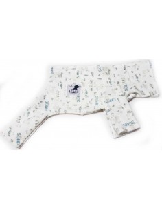 Pijama para perro de felpa beige con motivos de conejos en tonos azul