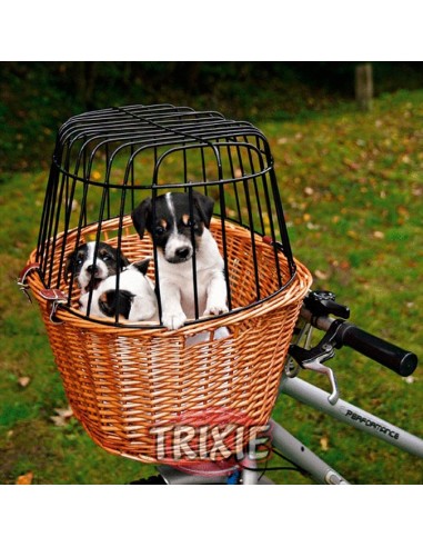 Transportín delantero para llevar perro en bicicleta, en mimbre natural