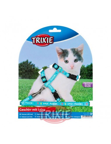 Arnés y correa para gato cachorro turquesa con dibujos Kitty