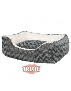 Cama para perro cuadrada, realizada en borreguilllo color gris y crema