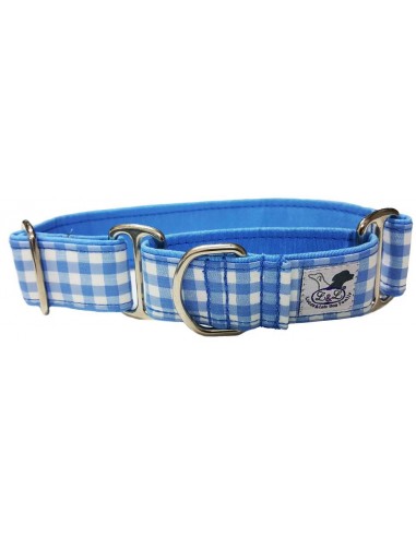 Collar para galgo en tela loneta muy resistente cuadros azul y blancos