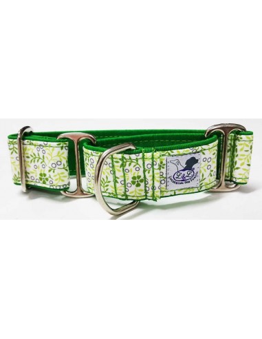 Collar para galgo en tela loneta muy resistente verde con flores blancas