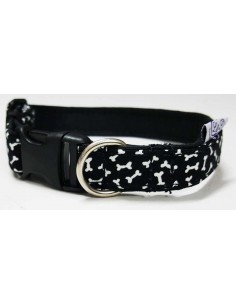 Collar para perro loneta negra con huesos blancos