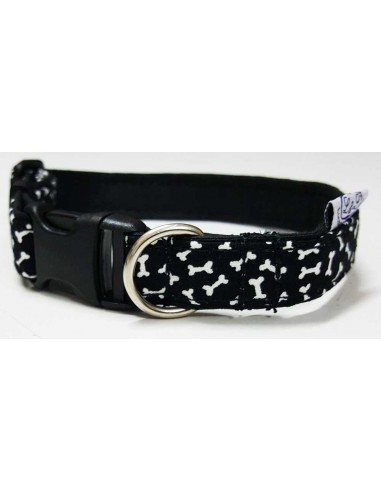 Collar para perro loneta negra con huesos blancos