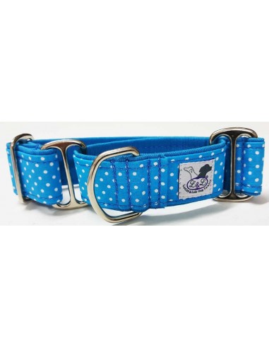 Collar para perro grande en tela loneta muy resistente azul con lunares blancos
