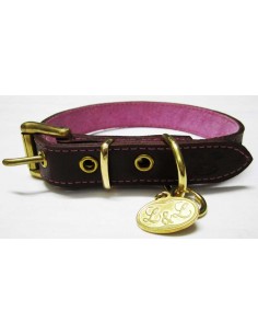 Collar para perro de piel marrón modelo flor rosa