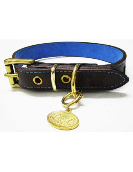 Collar para perro de piel marrón modelo flor azul