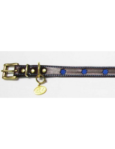 Collar para perro de piel marrón modelo flor azul