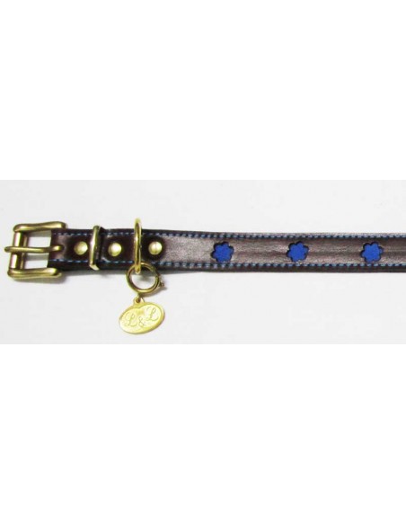 Collar para perro de piel marrón modelo flor azul