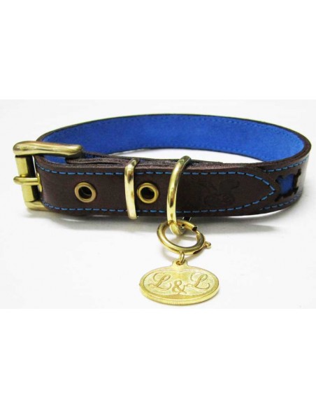 Collar para perro de piel marrón modelo calavera azul