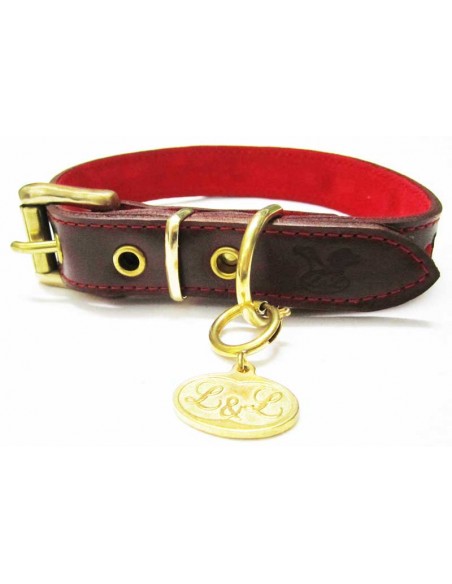 Collar para perro de piel marrón modelo flor roja
