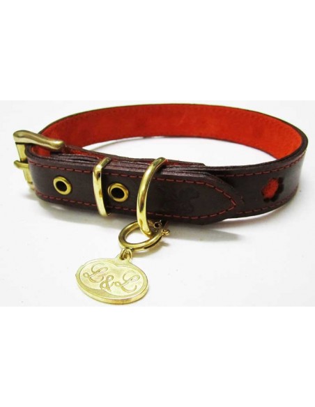 Collar para perro de piel marrón modelo flor naranja