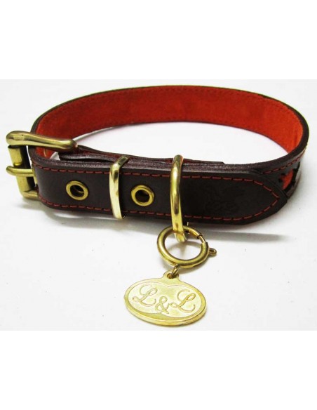 Collar para perro de piel marrón modelo calavara naranja