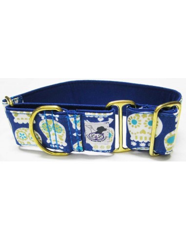 Collar para piccolo en tela loneta azul con catrinas