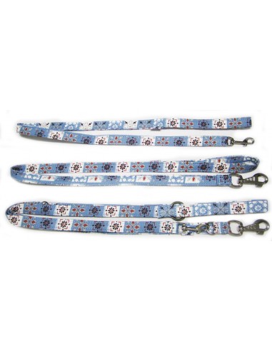 Correa para perro en tela azul con cuadros decorados