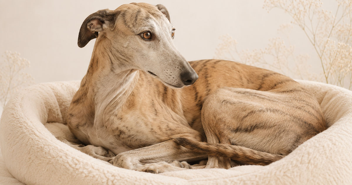 Galgo descansando en su cama
