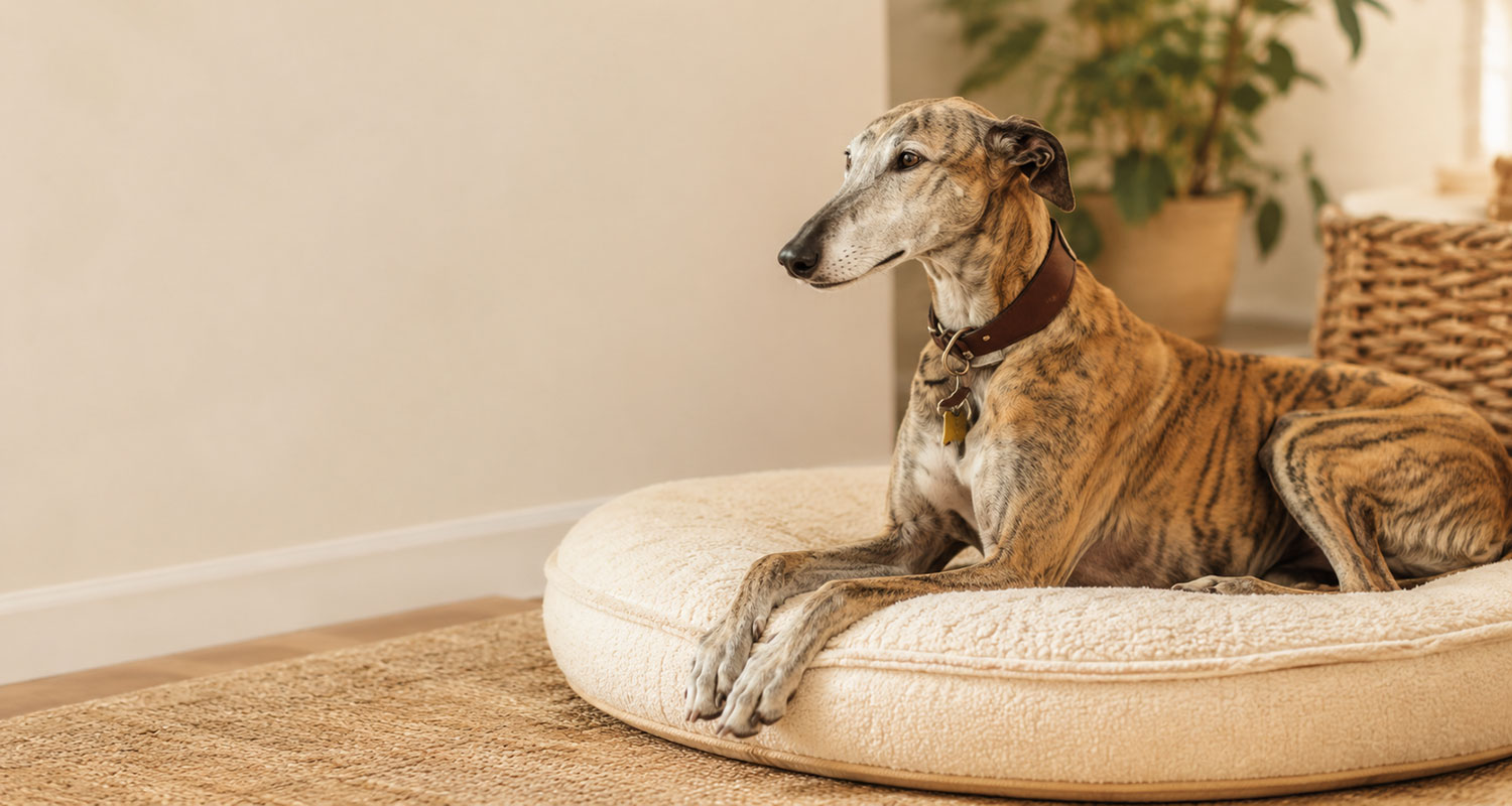 Lola, la galga que inspiró Lucas & Lola, descansando en su cama