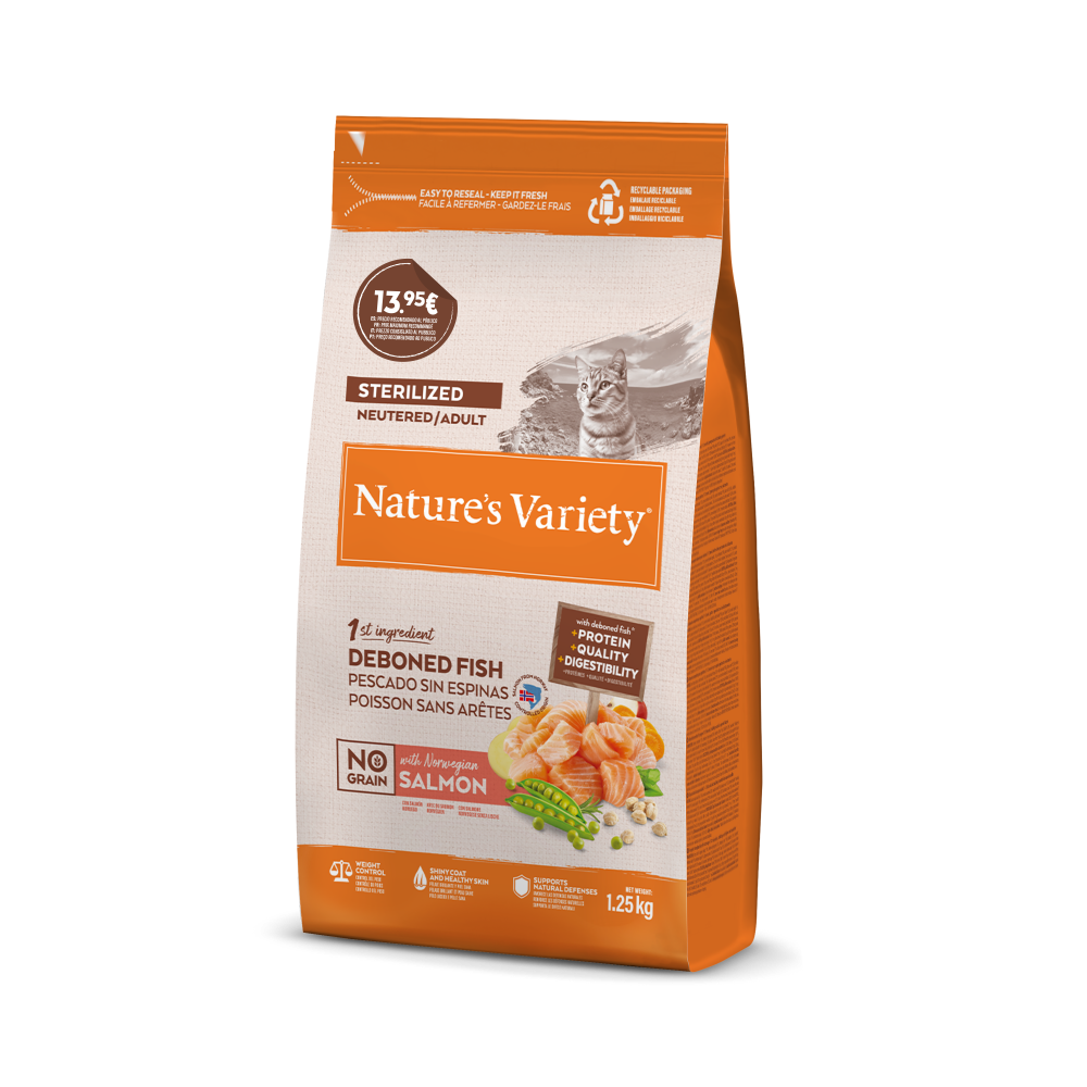 PROMO-13_95-967761-3D-ID_127925_NVC_NoGrainSterSalmon_PSB60-K-v2_1,25kg_3D_Resized Nature’s Variety Grain Ster Salmón (1.25Kg) - Imagen 1