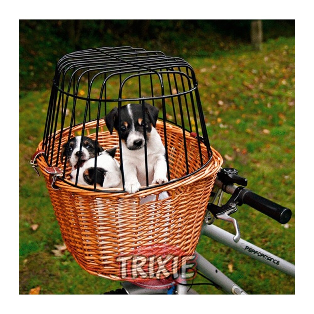 Transportín delantero para llevar perro en bicicleta, en mimbre natural
